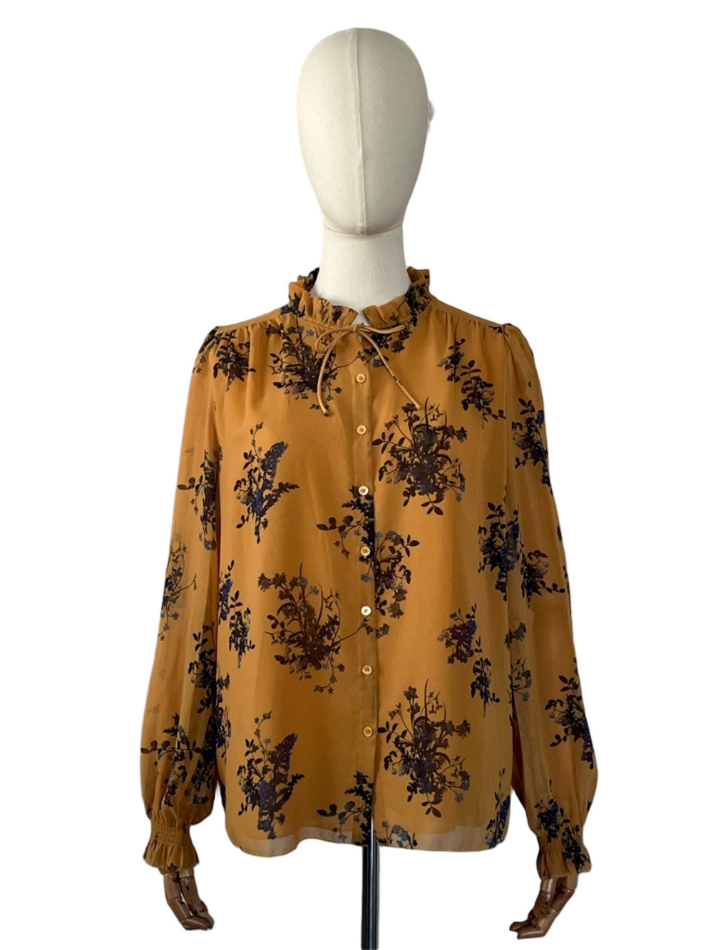 Wilfred Mustard Floral Tie Neck Blouse Boho Long Sleeve Top Size S